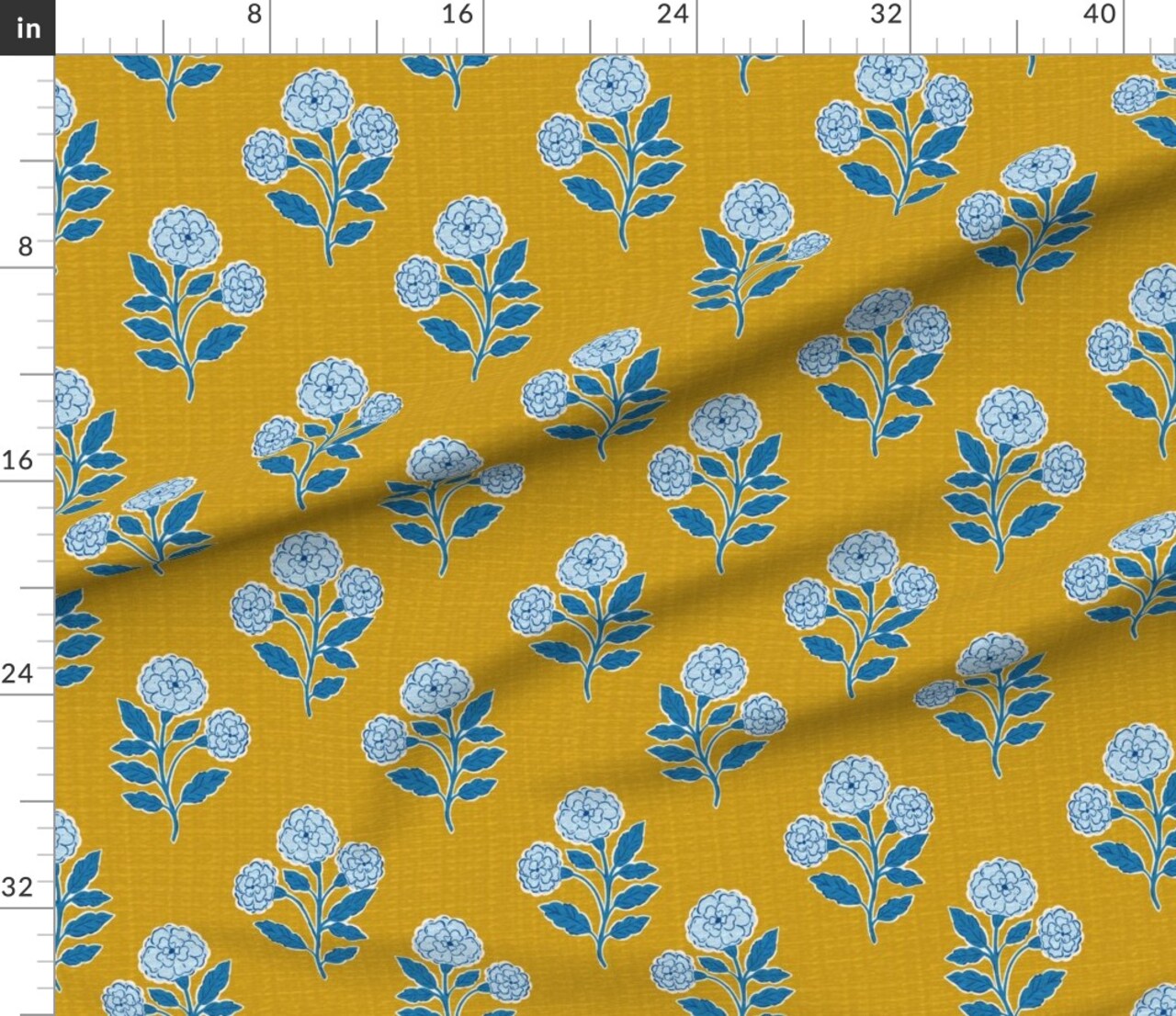 Yellow Floral Blue Block Print Marigold Flowers Hand Drawn Modern Botanical Faux Texture Custom Printed Fabric by Spoonflower Various Fabrics by the Yard or Fat Quarter